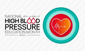 National High Blood Pressure Education Month May next to a large blue circle with a heart inside. 