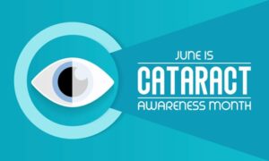 Graphic in Shades of Blue Depicting an Eye Inside a Circle with the Text “June is Cataract Awareness Month” 