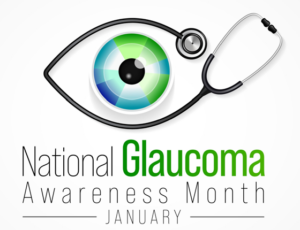 Illustration of a multi-color eye with a stethoscope around it and the text “National Glaucoma Awareness Month: January