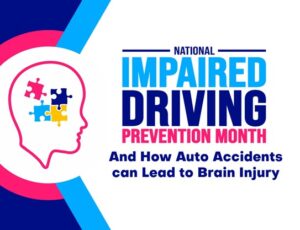 Graphic with a brain with puzzle pieces in it and text about National Impaired Driving Month and brain injuries.